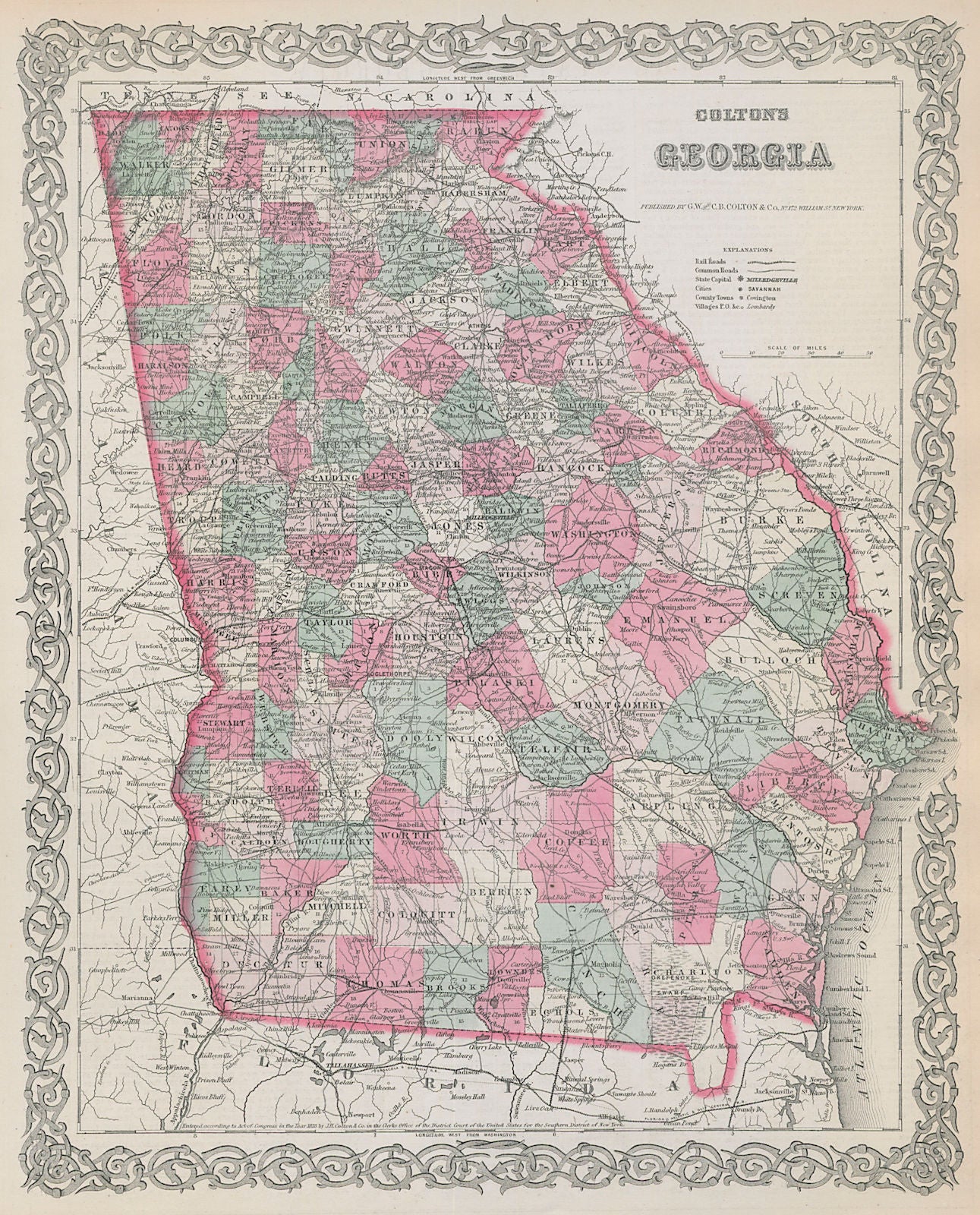 Colton's Georgia. Decorative antique US state map 1869 old chart